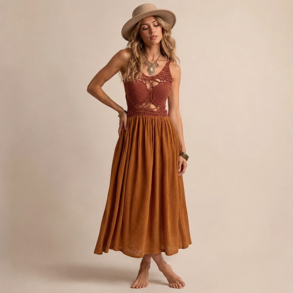 Tach Clothing Rust Crochet Gauze Midi Dress Handmade Uruguay Small Bohemian Boho